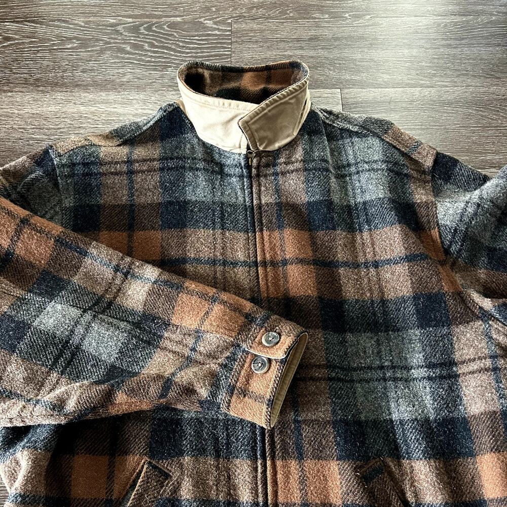 Vintage J.Crew Made in USA Wool Plaid Zip Jacket Brown Gray Check L Workwear EUC - Picture 16 of 16